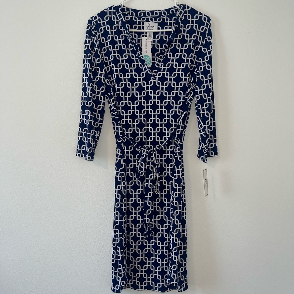 ✨ DM Collection | Navy & White Chain Print Tie-Waist Dress Size XXL | NWT